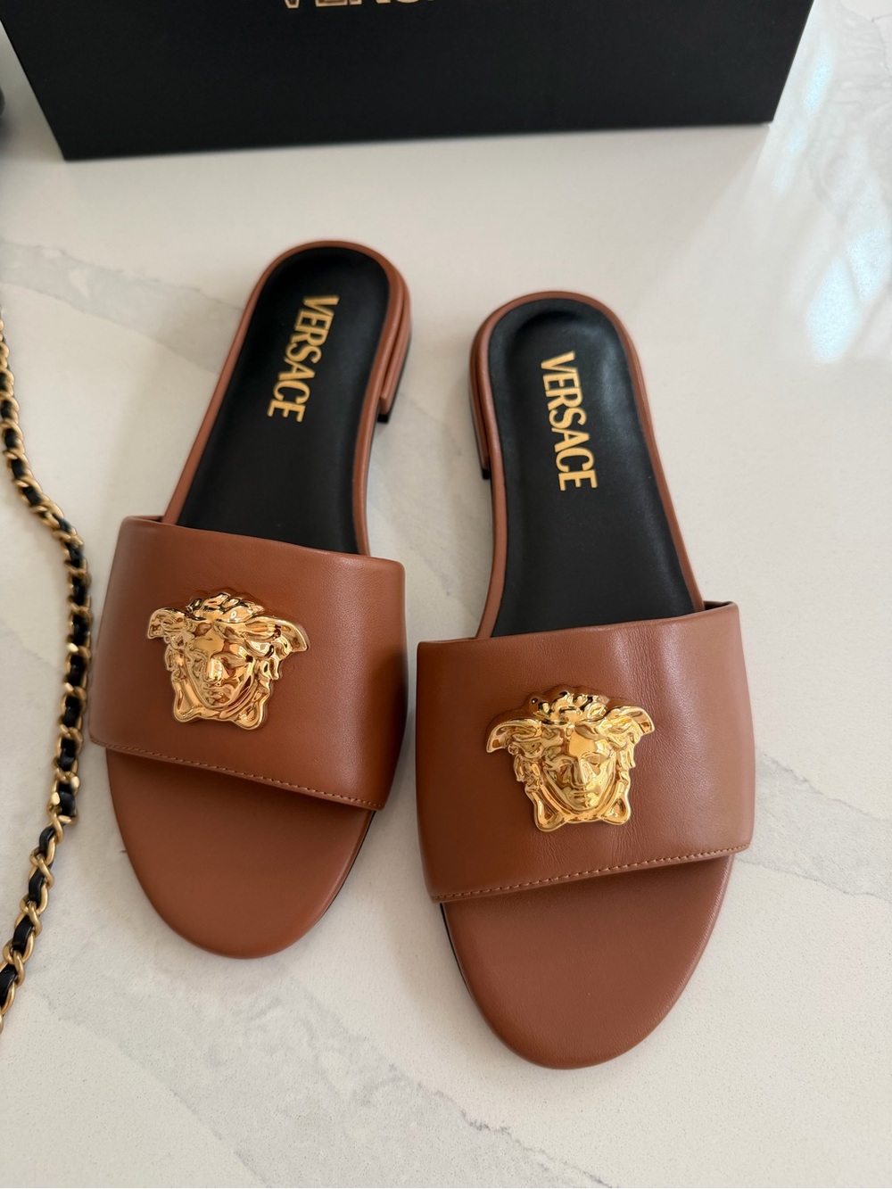 Versace Brown Leather Medusa Slide Sandals with Gold Emblem